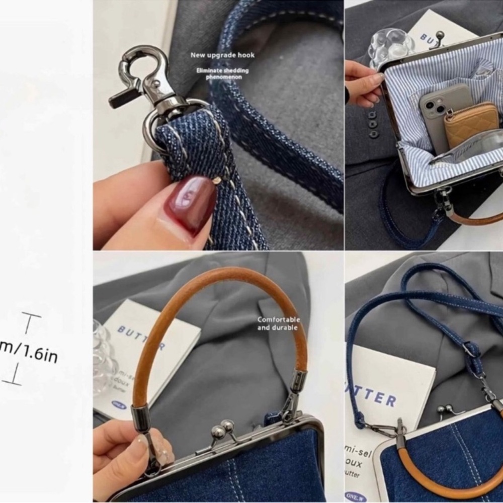 Denim Crossbody Tote Bags, Mini Blue Denim Totebag Kiss Lock Purse new - Picture 5 of 6
